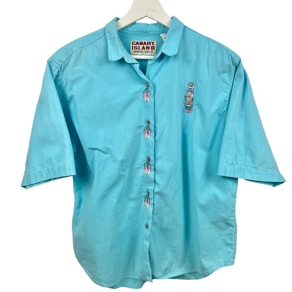 Vintage Canary Island Turquoise Tiki & Feather Embroidered Short Sleeve Shirt L - Picture 2 of 7
